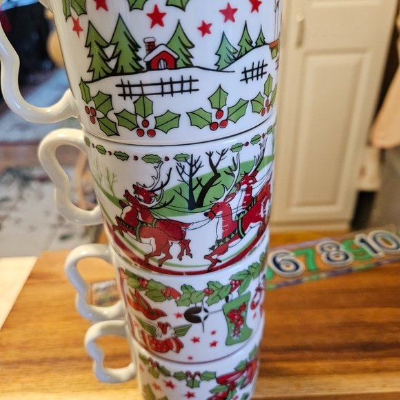 vintage santa claus stacking mugs festive porcelain graphic on both sides - Picture 5 of 7